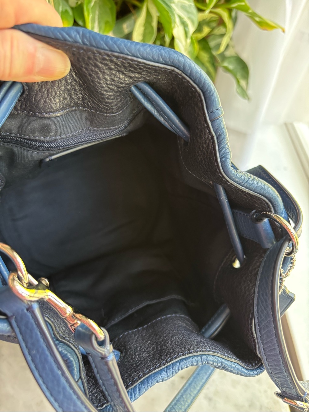 COACH Pebbled Leather Blue Drawstring Petal Bag with Matching Bag Charm - Picture 7 of 13